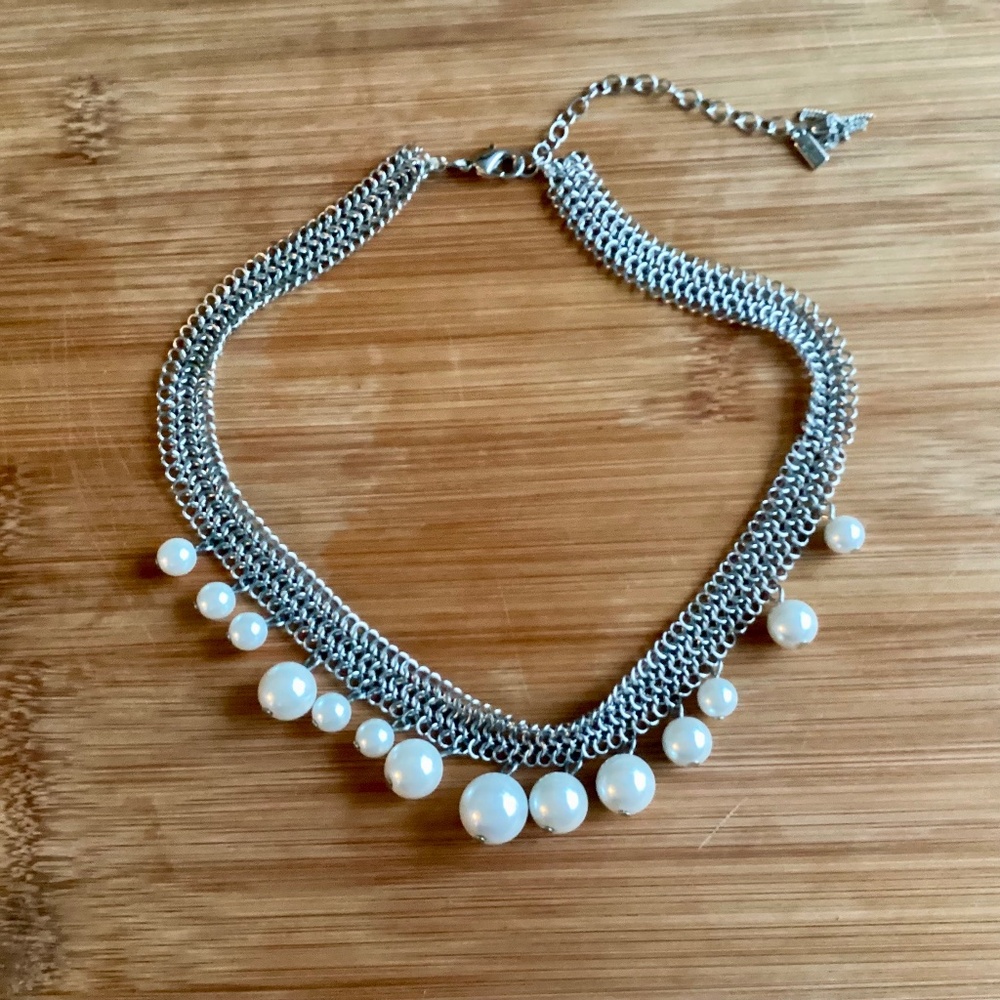 Geometric Mesh Collar Necklace With Pearls Designer Statement Jewelry Silvertone